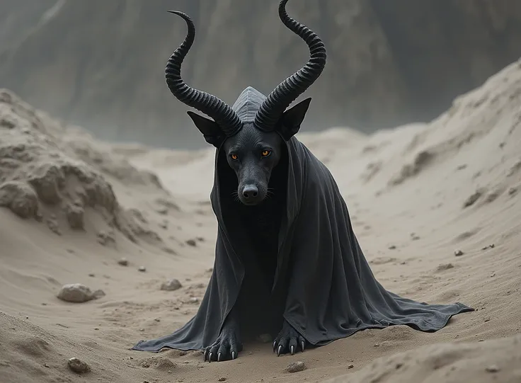 there is a black dog sitting on the ground with horns on it, with black horns instead of ears, black horns, black dog, horned, ultra realistic picture, wearing a hood with pointy ears, devil, a horned, with horns, portrait big dark dog, black ears, two poi...