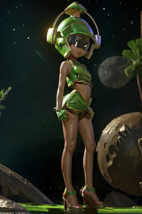 (marvin the martian) a cute woman, extremely detailed, extremely small martian invader outfit, fishing at an alien lush pond, ho...