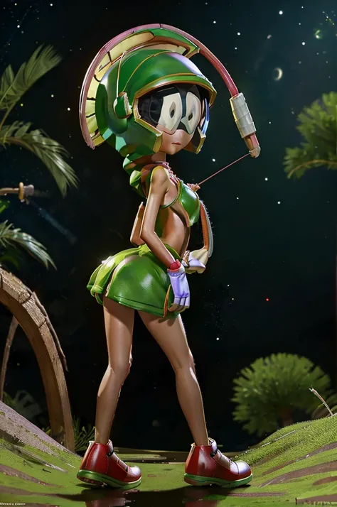 (marvin the martian) a cute woman, extremely detailed, extremely small martian invader outfit, fishing at an alien lush pond, ho...