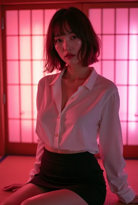 ((Japanese actress))　((Plump and glossy lips))　Big Breasts　((Short brown hair with bangs))　((Looking into the camera))　Sit with your legs apart　((White button shirt and black enamel tight skirt))　　Low angle shot of a person standing facing forward　Looking ...