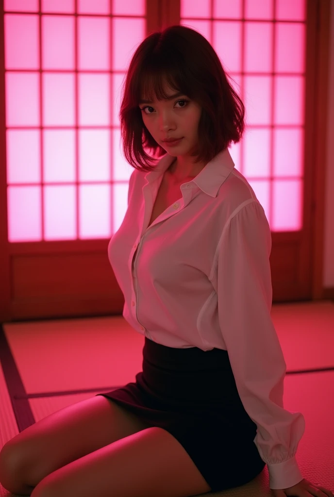 ((Japanese actress))　((Plump and glossy lips))　Big Breasts　((Short brown hair with bangs))　((Looking into the camera))　Sit with your legs apart　((White buttoned shirt and tight black skirt))　　Low angle shot of a person standing facing forward　Looking down　...