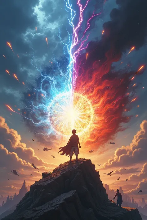 2D, anime, Reimagine the most epic battle of Naruto as a visually stunning and dramatic scene. Picture Naruto Uzumaki and Sasuke Uchiha locked in a fierce, climactic duel atop a crumbling mountain peak, with a vast, stormy sky swirling above them. Naruto, ...