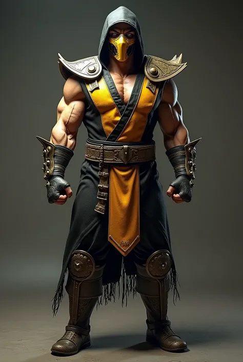 fully body, scorpion (mortal kombat) classic character costume without mask, eye white, standing in front of the camera, realisitic, a very muscular body in the renatosphere, epic 3D realism, swollen muscles, large fists, best in wlop, kan liu, daz3d, tren...