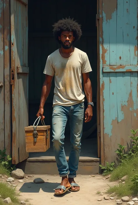 A poor guy with middle afro hair, average height, dressed in torn jeans and t-shirt, wearing bathing slippers, with a wooden tool box in his hand, stepping out from an old plank house in the ghetto areas