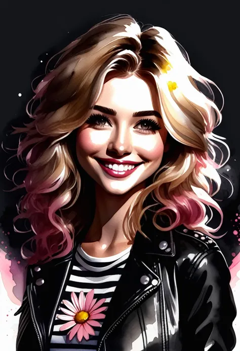 chibi, A watercolor of a young woman in cartoon style with long, wavy blonde hair, a white daisy in her hair, Olhos castanhos expressivos, black leather jacket open over a striped blouse and gray skirt with pink flowers. The expression is soft and smiling,...