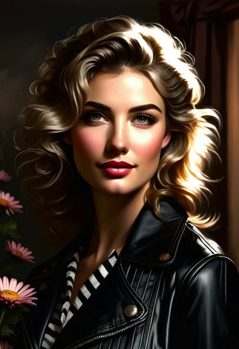 a classical style oil painting of a young woman with wavy blonde hair, white daisy in hair, deep brown eyes, wearing black leath...