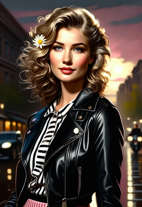 a classical style oil painting of a young woman with wavy blonde hair, white daisy in hair, deep brown eyes, wearing black leath...