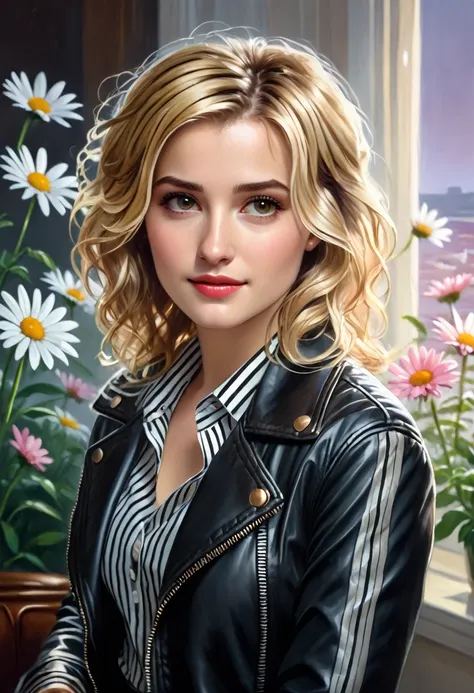 a classical style oil painting of a young woman with wavy blonde hair, white daisy in hair, deep brown eyes, wearing black leath...