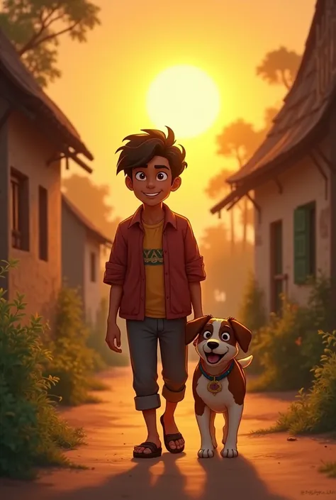 Rahul and dog walking back home together after the festival, with the sun setting in the background. Rahul has his arm around Bruno, and both of them look happy and content. The village path is peaceful, with a golden hue from the setting sun.