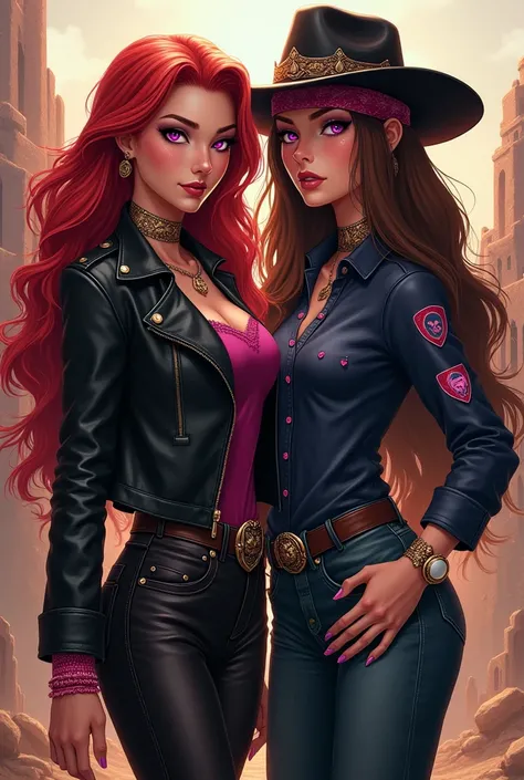 Jessie is a tall woman with long, fiery red hair and striking pink eyes. She has a smirking and superior expression, often exuding a sense of confidence and mockery. Her outfit consists of a black leather jacket with pink accents, dark leather pants, and s...