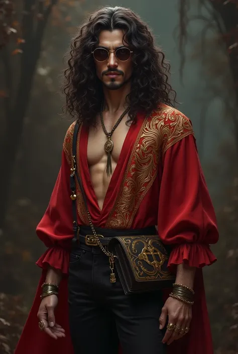 Dark brown long hair fluffy and curly, amber colored eyes, Swarthy guy, Clean-shaven face, red off-shoulder blouse with wide sleeves and gold patterns, tight pants, shoulder bag, стилистика dark fantasy. gold jewelry, rings, glasses with dark lenses.