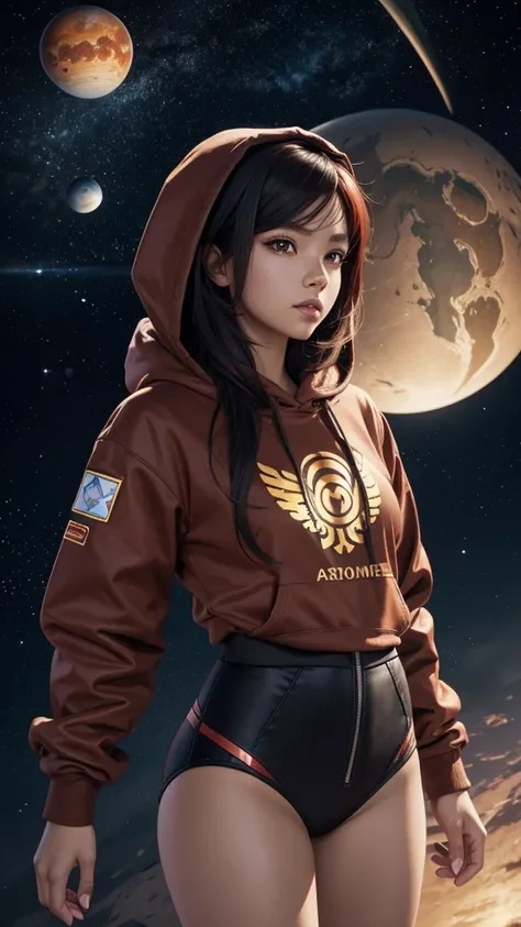 There is a woman with wings, red hair color, Brown skin , Bolivian girl and a planet in the background, 3D rendering of a cute anime girl, de Trevor Brown, unknown zodiac sign, inspired by Illarion Pryanishnikov, black hair girl wearing hoodie, Brown skin ...