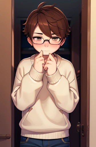 1boy 16 year old, overside sweater, drak brown hair, jean shorts, glasses, shy, blushing