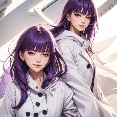 (masterpiece, best quality), intricate details, thin, ((slim)), beautiful girl, purple hair, blunt bangs, light purple eyes, sharp jawline, white coat, long hair, lips, upper body, close up, smirk