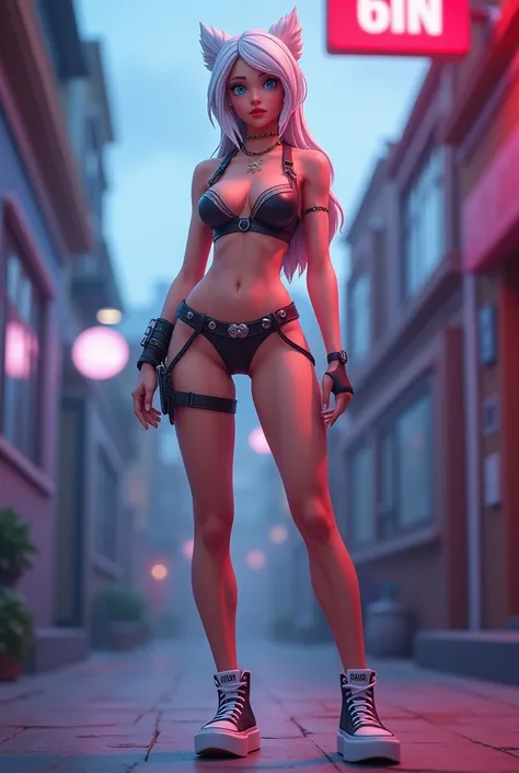 fortnite style girl with white hair blue eyes wearing allstar shoes sexy underwear rear full body