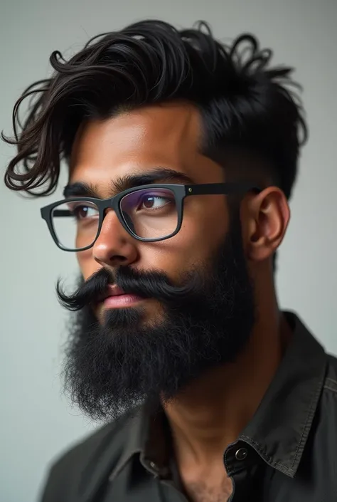 A boy,22 age,curvy 12inch long beared, moustaches, brown skin,eyesight gray transparent frame glasses, straight hair