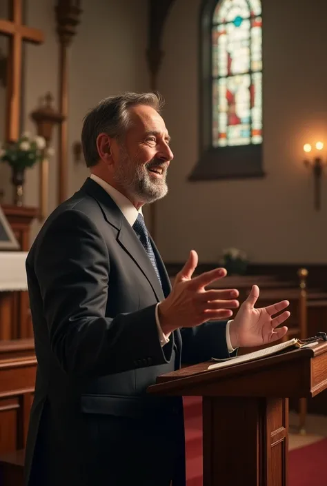 man in suit, pastor, aged 50, short black beard, smiling preaching in a church