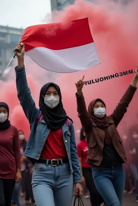 Photo of female students wearing masks taking part in a large demonstration"while throwing homemade smoke bombs. And holding the red and white flag and carrying the nameplate PULIH INDONESIAKU. 