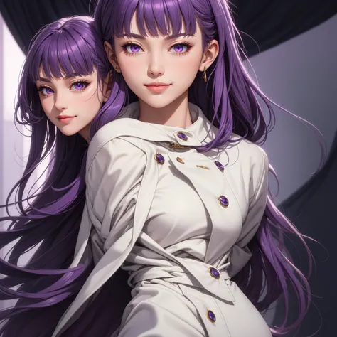 (masterpiece, best quality), intricate details, thin, ((slim)), beautiful girl, purple hair, blunt bangs, light purple eyes, sharp jawline, white coat, long hair, lips, upper body, close up, smirk