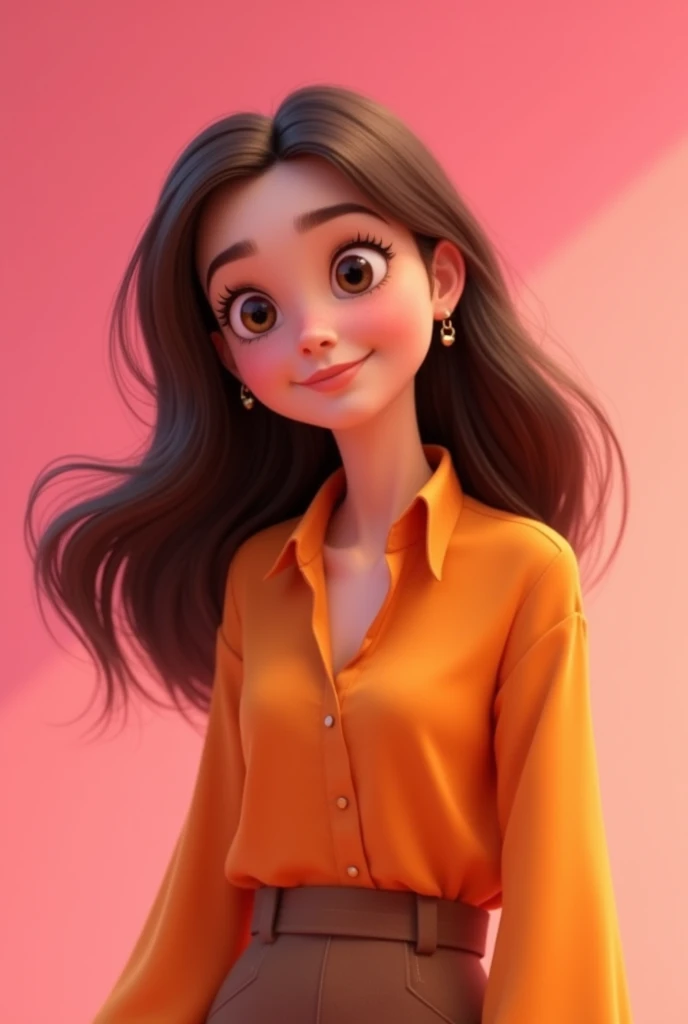 animation character, Brunetette, with an orange blouse, pink back ground,