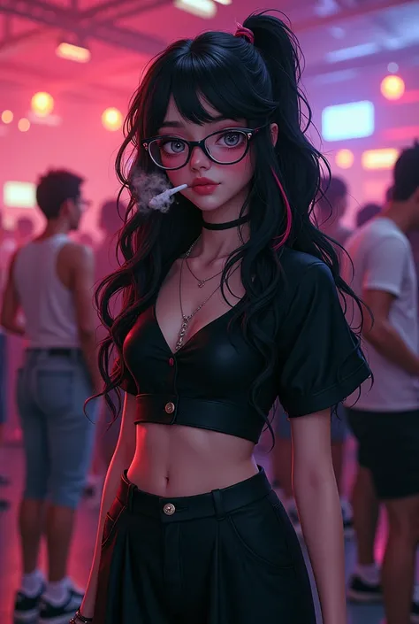 A white-skinned teenager with gray eyes, long curly black hair with red and white streaks in some places, wearing glasses, wearing black blouse, wide pants and all-star shoes, at a  party, smoking