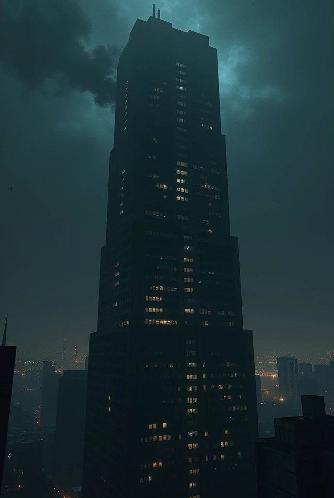 Tall building at night with dim lights. Some windows have black shadows visible, Meanwhile, from the upper floor, there was a faint, unnatural black smoke..