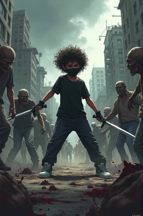 {
  "size": "1024x1024",
  "prompt": "A dynamic scene of a young boy with curly hair, wearing black pants, a black shirt, white sneakers, and a mask covering his entire face. He is in action, using a sword to fight off a group of zombies. The setting is da...