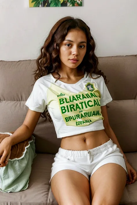 ((a curly brunette Brazilian woman wearing a Brazilian shirt and white shorts sitting on the sofa in a simple house))