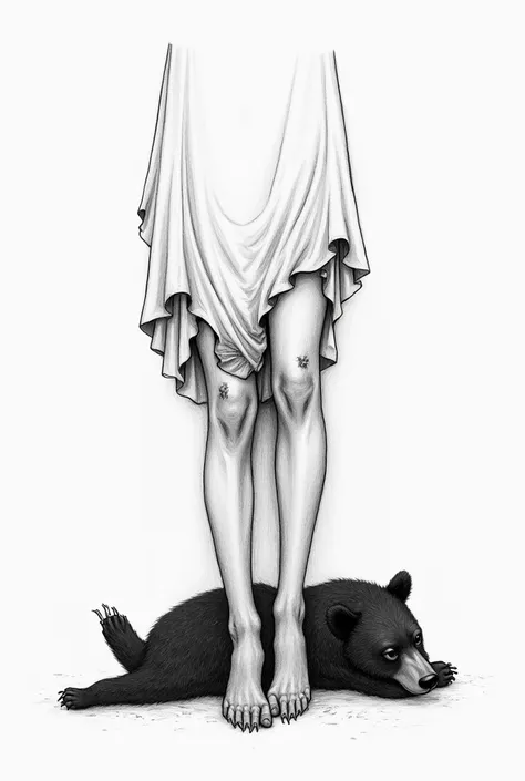 One with only legs , with a dress, with a bear lying next to his legs, in the dress a tear, with some blood bruises on the body, black and white drawing 