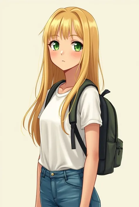 A blonde teenager with long, straight hair, greeneyes, with a white t-shirt and jeans, and a backpack on the back!