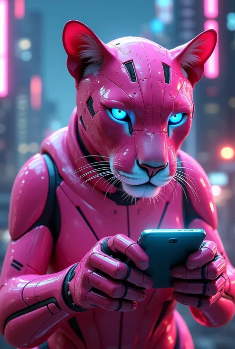 A pink electronic panther using a cell phone 
