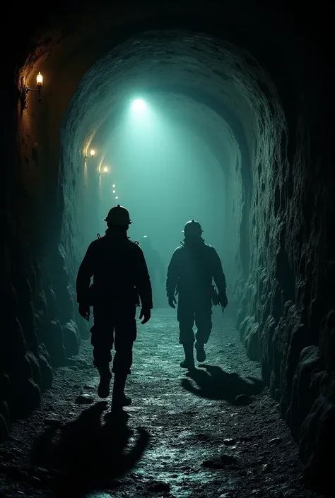 Deep old mining tunnel, lit by small lights. On the walls of the mine, the faint shadows of miners in full gear are seen walking towards the dark.