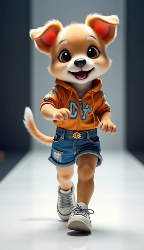 A cute puppy walking on the catwalk, Smiling,Very confident wearing fashionable sportswear with denim shorts,Sneakers on the catwalk，The background is the catwalk.HD camera captures scene images.