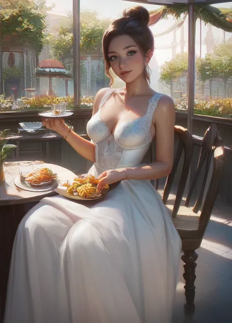 score_9, score_8_up, score_7_up,1girl,tentenXL,brown hair,hair bun,detailed face, masterpiece,best quality, shiny , wearing a dress,restaurant, looking at viewer, closeup