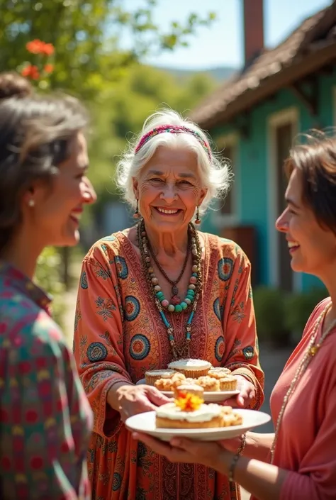 Senior woman 6 bohemian hippy offering food and desserts to her neighbors


