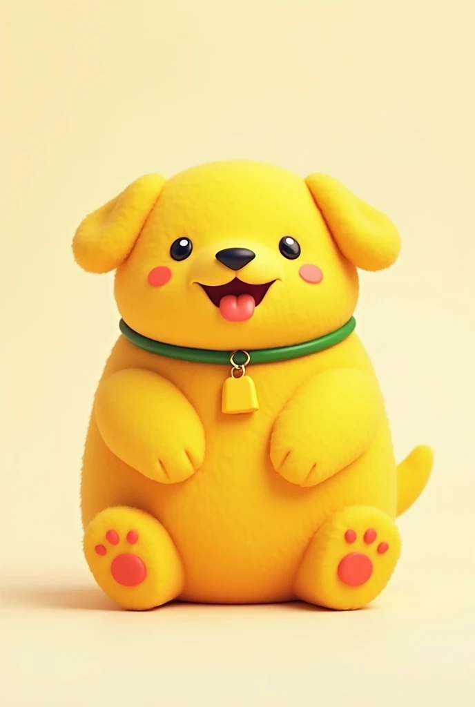 Chubby yellow toy dog with a green collar a yellow tag black dot eyes sticking out tongue minimalistic no great detail