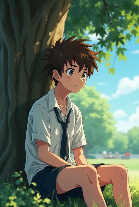 An anime boy of seventeen years old, with thick brown hair, sits under a tree in the shade. Beads of sweat are dripping from him because he was running in physical education class.