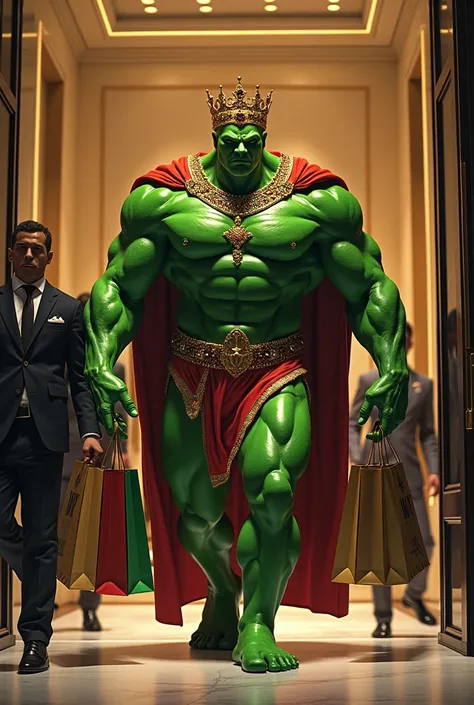 Generates an image of an adult male Martian with green intimidating looking muscles, with jewels and a king&#39;s crown, leaving an exclusive Louis Vuitton store with many shopping bags and her security staff behind her 