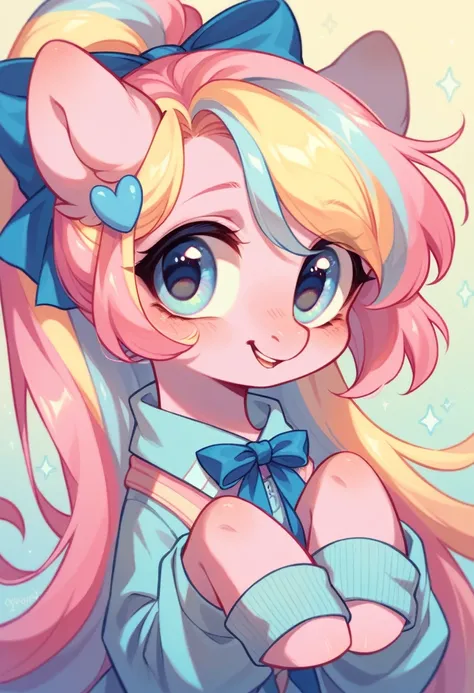 Pinkpie pony,pastel pink fur,hair pastel blue color,eyes light yellow,long hair cute,pastel blue ribbon little hair