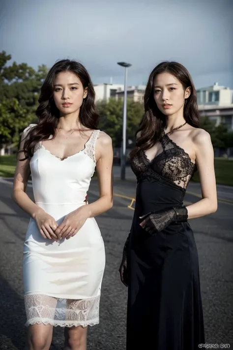 highest quality，ridiculous，Dramatic，2 Arav ladies in realistic lace dresses，2 female students，Very detailed details of the face，Real skin texture，HD Skin，Night view，Standing in the school square, Still image of 007, Pageant rendering, model, Luxury, Should...