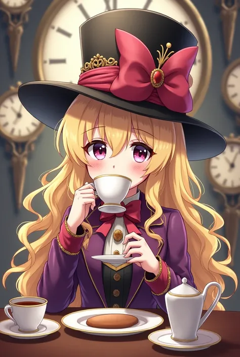 anime girl, mad hatter hat, clocks, sakuya izayoi, young, cute, flat chest, ,blonde, drinking tea, 