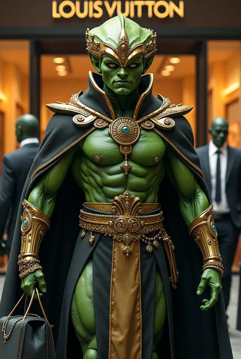 Generates an image of an adult male Martian with a bit of muscles looking intimidating green, with jewels and a king&#39;s crown, leaving an exclusive Louis Vuitton store with many shopping bags and her security staff behind her 