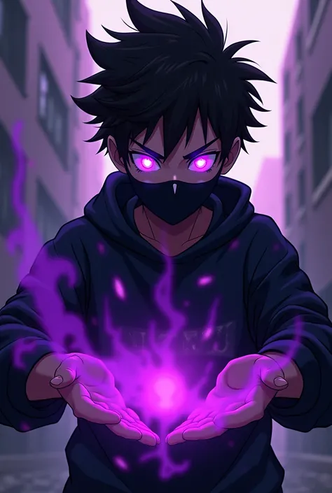 19 year old boy with purple glowing eyes and slightly spiky hair with an evil and intimidating look with a black sweatshirt and a black mask covering his nose and mouth, he has a purple power in his hands, 2D Anime .