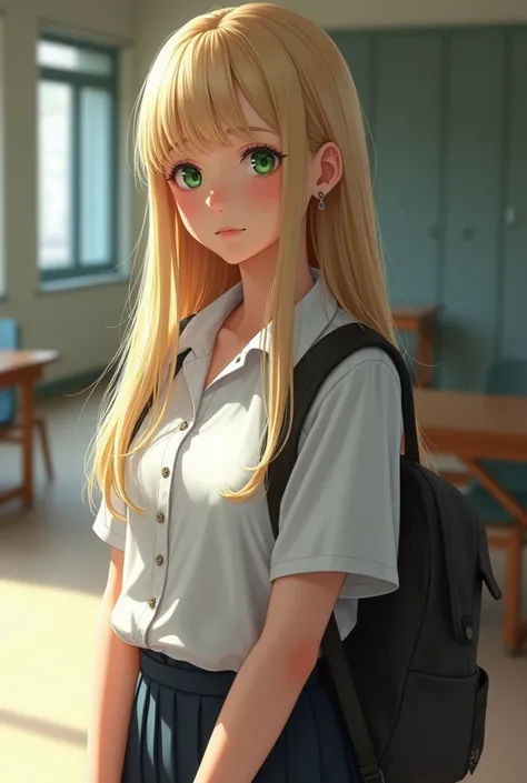 A realistic blonde teenager with long straight hair, greeneyes, with a school uniform and jeans and school bag 