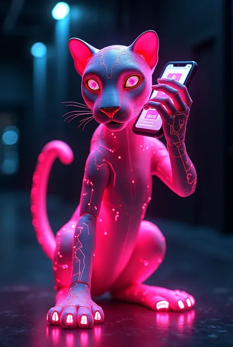 A pink electronic panther calling a cell phone 
