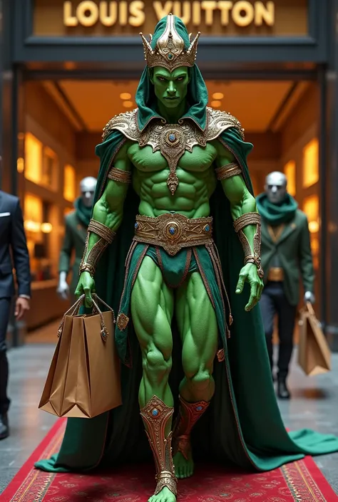 Generates an image of an adult male Martian with a bit of muscles looking intimidating green, with jewels and a king&#39;s crown, Walking out of an exclusive Louis Vuitton store with many shopping bags and his security personnel following him behind 