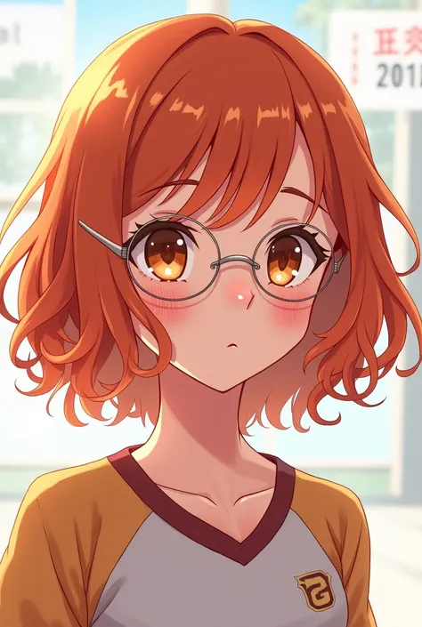 Girl with copper hair, short shoulder length with bangs and curly, White skin, mole under the eye and on the left cheek, almond-shaped brown eyes with long curly eyelashes, defined eyebrows, skin with pinkish tones, clear frame glasses, haikyuu anime style...