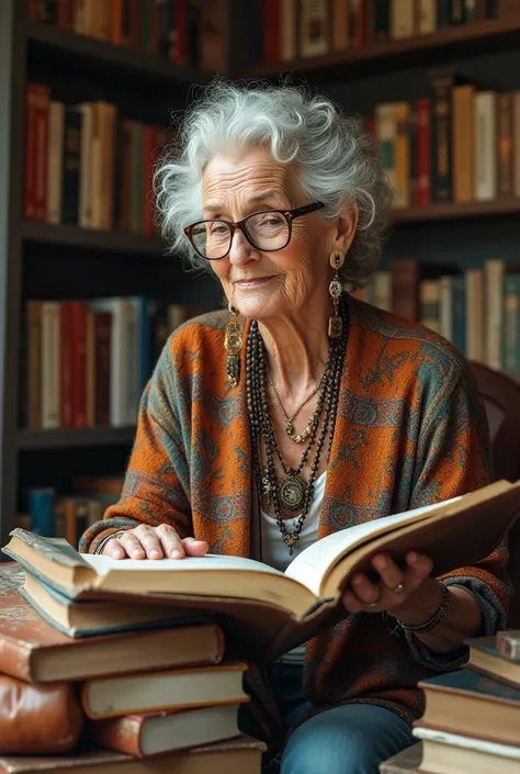 Senior woman 6, bohemian hippie, reads books about architects and design

