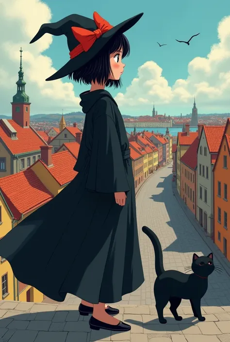 (black hair and bang:1.3), Gamla Stan cityscape, Stockholm, Sweden, 1girl, kiki, short hair, (black robe), (red hair bow), black cat, standing, (droptop:1.6), (nipple:1.3),