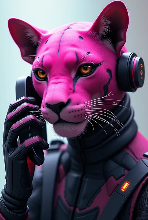 An electronic panther showing only its pink face talking on a cell phone 
